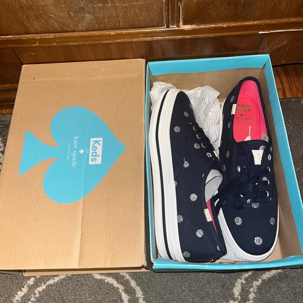 Keds x Kate Spade Navy Glitter Polka Dot Platform Sneakers